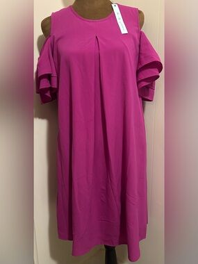 She & Sky Fuchsia Cold-Shoulder Ruffle Sleeve Dress